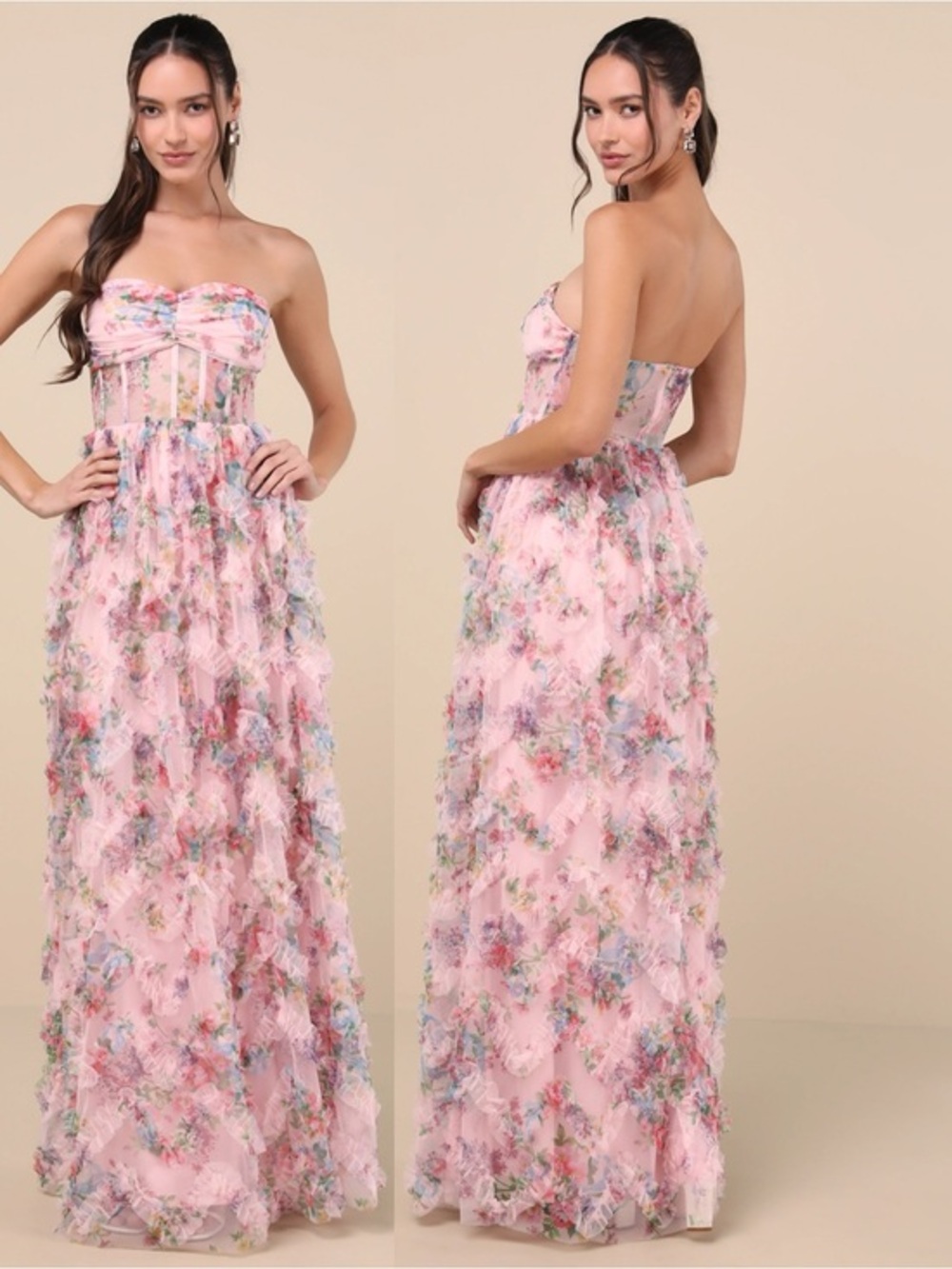 NWT Lulu’s Stunning Element Pink Floral Mesh Ruffled Strapless Maxi Dress Small